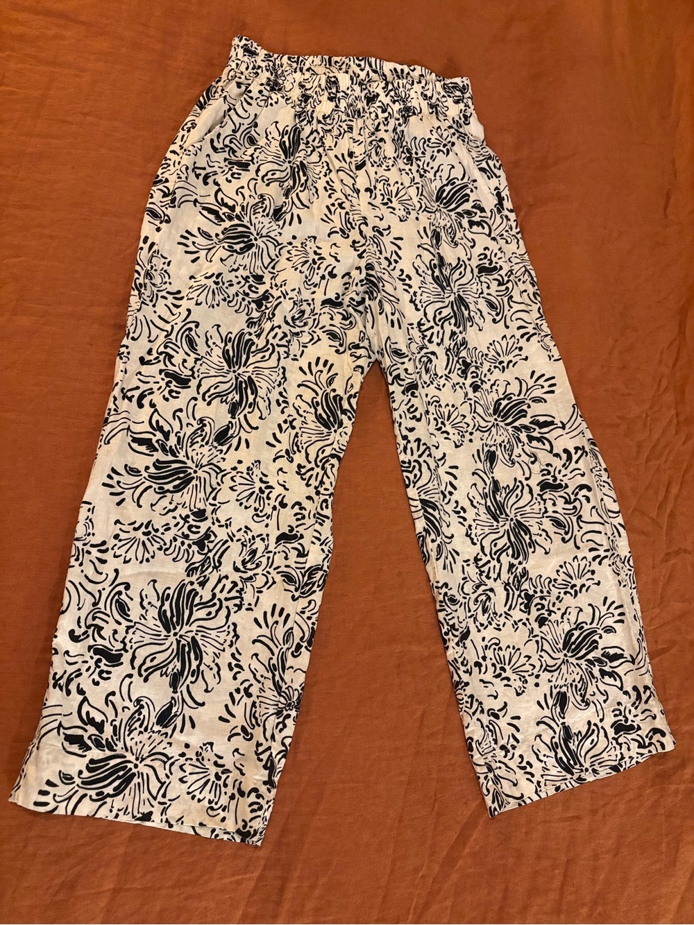 Christian Siriano Floral Print Elastic Waist Pants - Cream and Black SZ SM